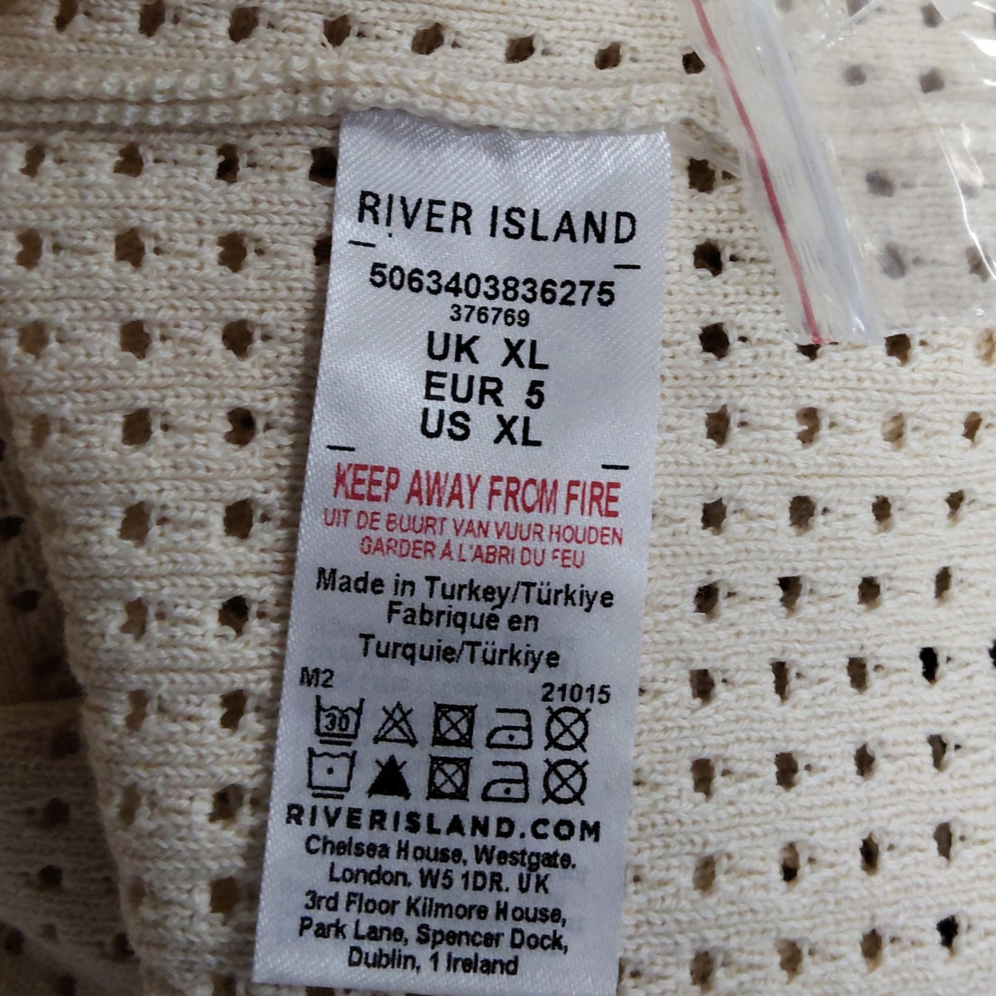 River Island Men’s Polo Shirt XL Cream Brown Striped Button Front Casual Top