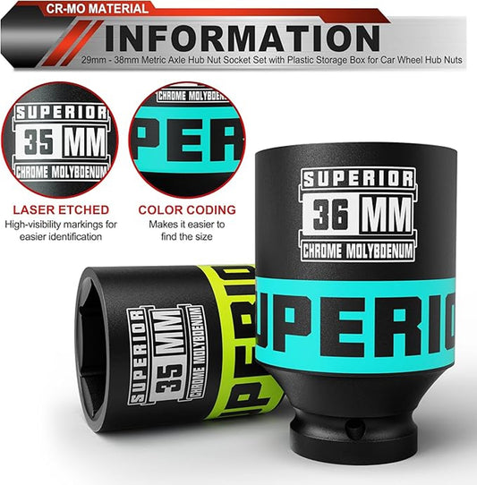 KIRXST 1/2 Inch Impact Socket Set, 29mm - 38mm Metric Axle Hub Nut Socket Set