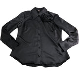 River Island Black Blouse UK8 Women's Satin Button Front With Flower Detail