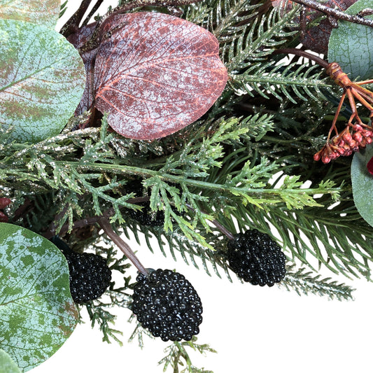 Lit Frosted Fruit Eucalyptus Festive Wreath Pine & Berries With Velvet Bow 18"