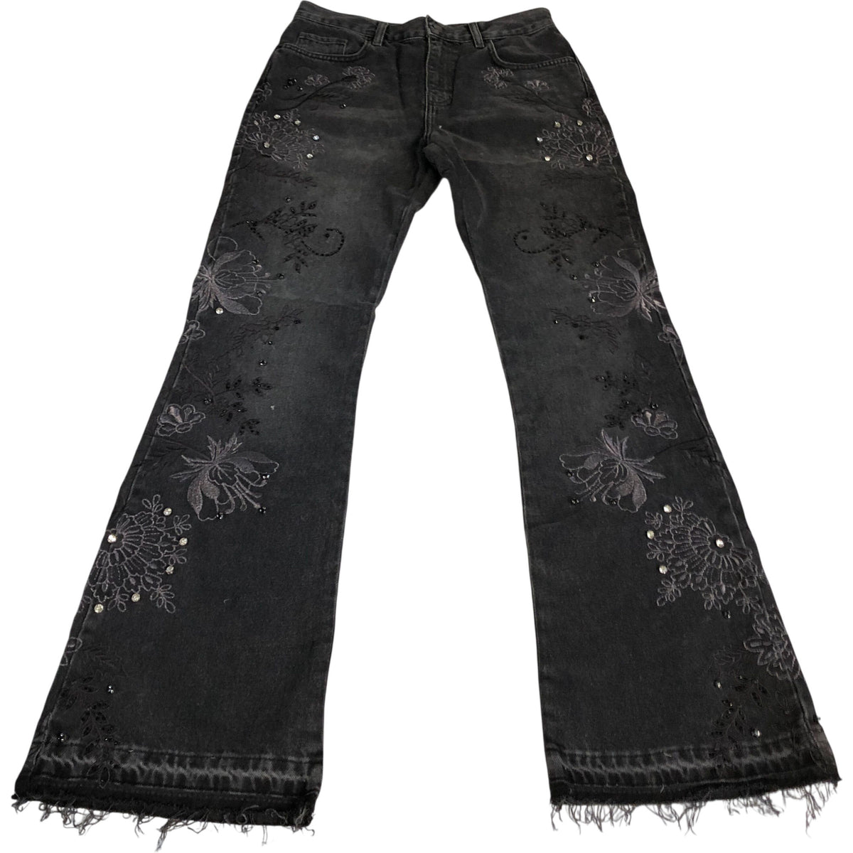 Embroidered Embellished Floral Jeans UK6 Women's Black Stretch Denim