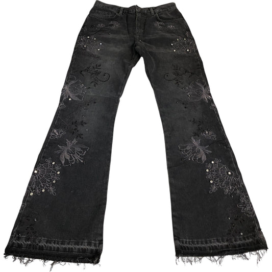 Embroidered Embellished Floral Jeans Women's Black Stretch Denim