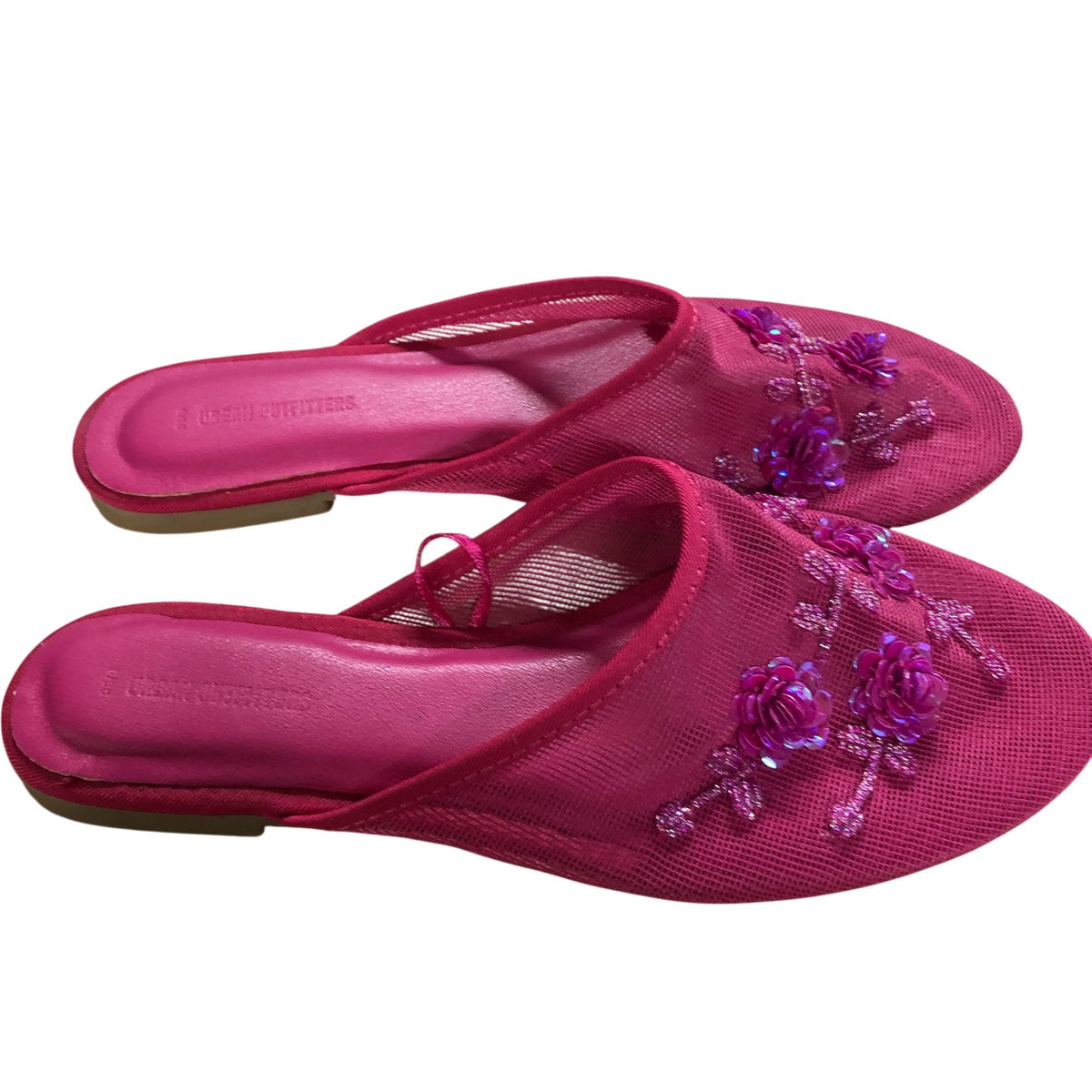 Floral Embellished Slip On Mules Women's Pink Mesh Summer Shoes