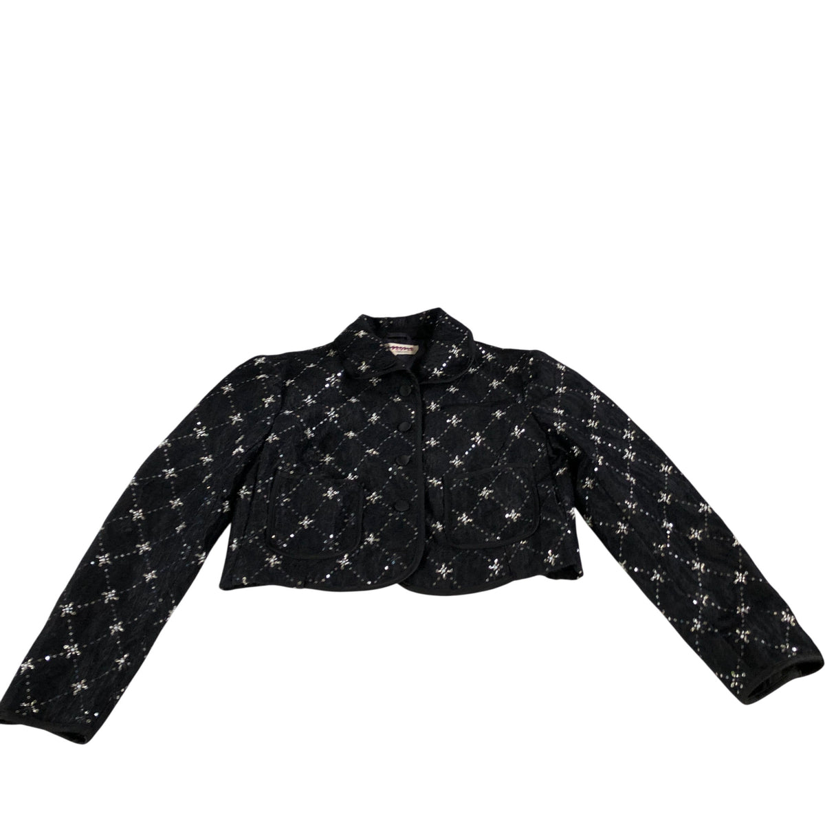 Embellished Cropped Jacket Women's Black Sequined Quilted Size Medium