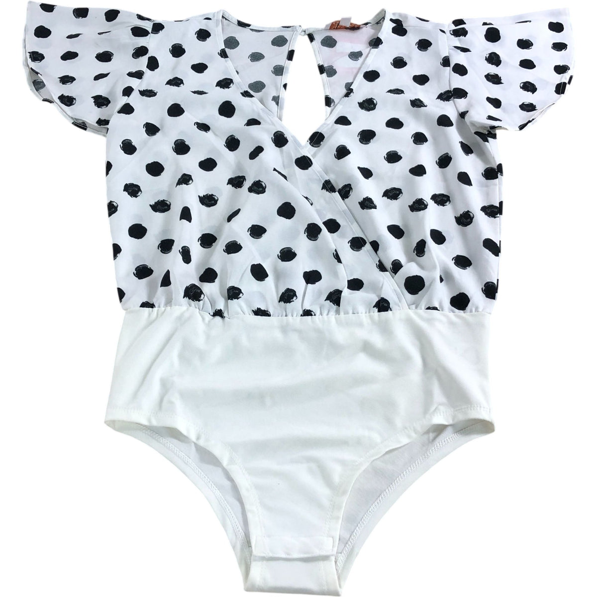 Dancing Leopard Polka Dot Bodysuit UK6 Women's White Black Flared Sleeve V Neck